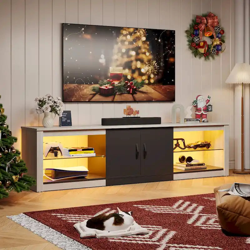 Mobile TV da 70" con LED RGB, per TV fino a 75", in Bianco Lavato / Nero Dorato / Grigio Lavato / Marrone Rustico / Noce / Pino, 1-Vano