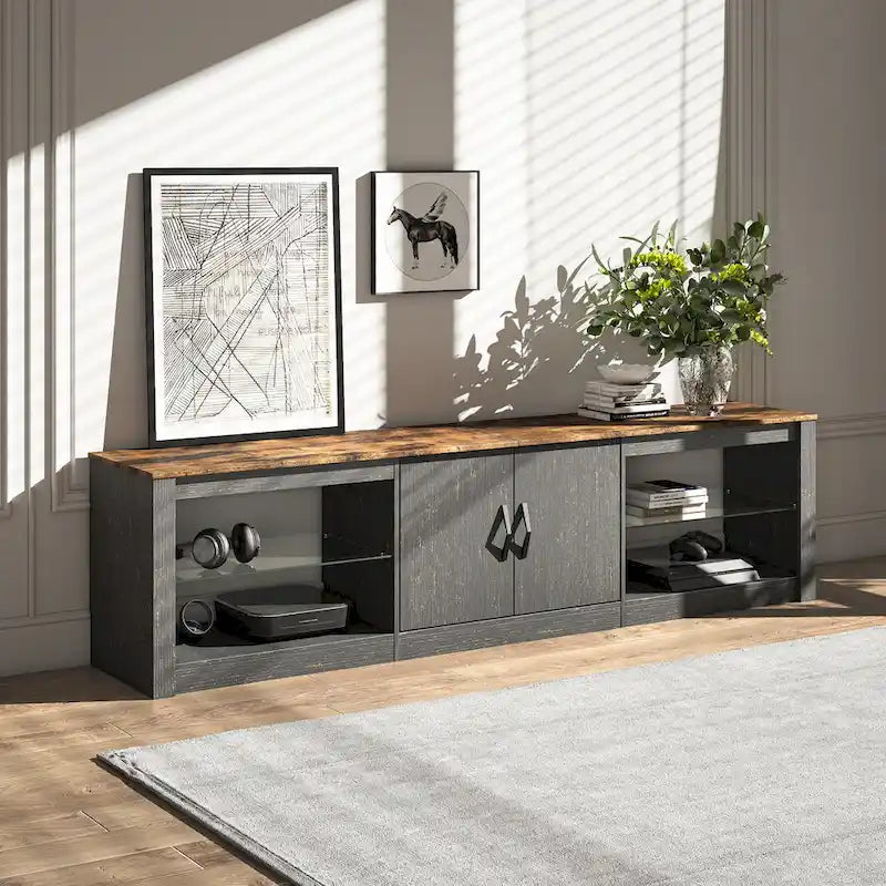 Mobile TV da 70" con LED RGB, per TV fino a 75", in Bianco Lavato / Nero Dorato / Grigio Lavato / Marrone Rustico / Noce / Pino, 1-Vano