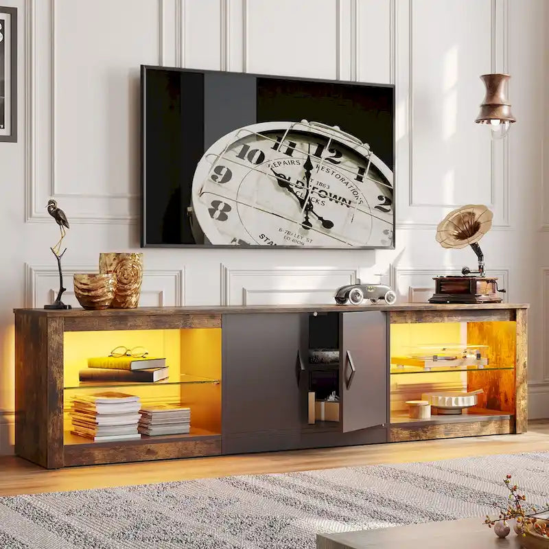 Mobile TV da 70" con LED RGB, per TV fino a 75", in Bianco Lavato / Nero Dorato / Grigio Lavato / Marrone Rustico / Noce / Pino, 1-Vano