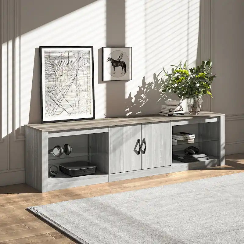 Mobile TV da 70" con LED RGB, per TV fino a 75", in Bianco Lavato / Nero Dorato / Grigio Lavato / Marrone Rustico / Noce / Pino, 1-Vano
