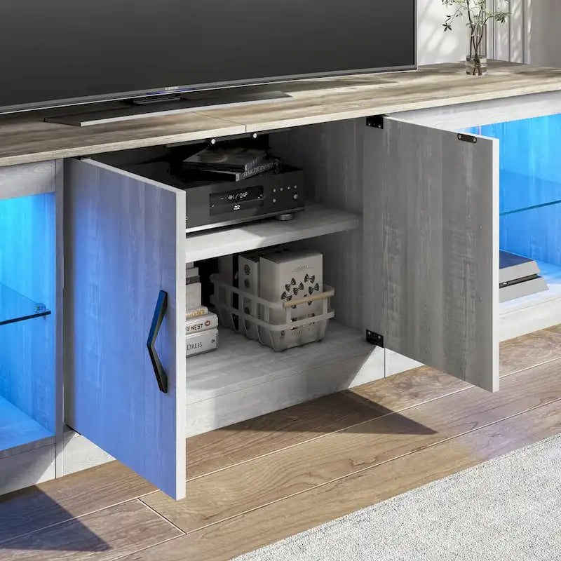 Mobile TV da 70" con LED RGB, per TV fino a 75", in Bianco Lavato / Nero Dorato / Grigio Lavato / Marrone Rustico / Noce / Pino, 1-Vano