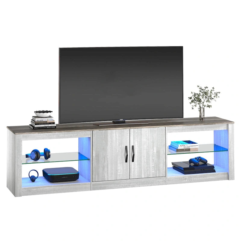 Mobile TV da 70" con LED RGB, per TV fino a 75", in Bianco Lavato / Nero Dorato / Grigio Lavato / Marrone Rustico / Noce / Pino, 1-Vano