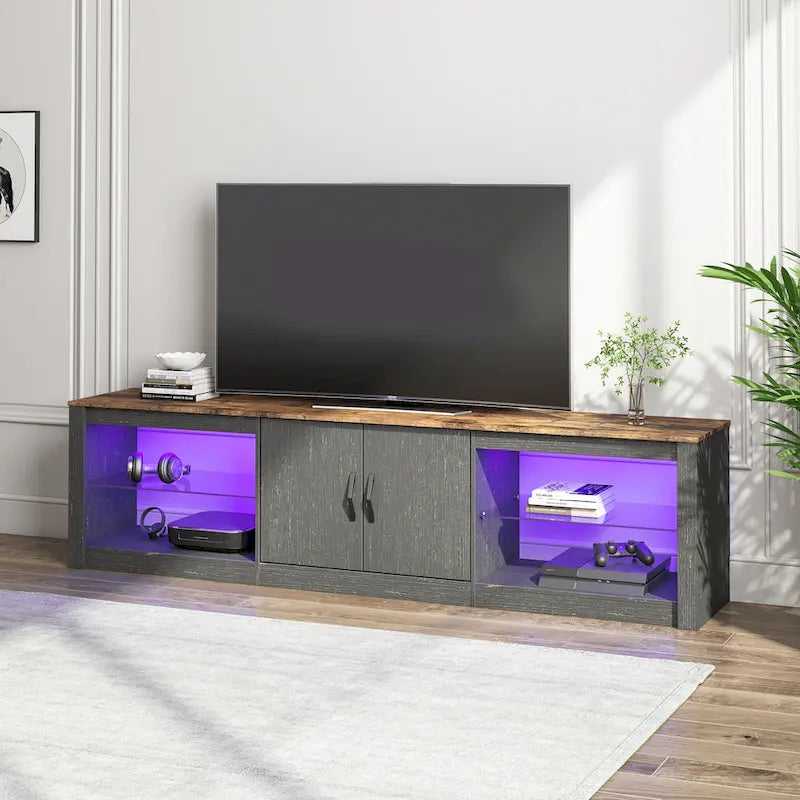 Mobile TV da 70" con LED RGB, per TV fino a 75", in Bianco Lavato / Nero Dorato / Grigio Lavato / Marrone Rustico / Noce / Pino, 1-Vano