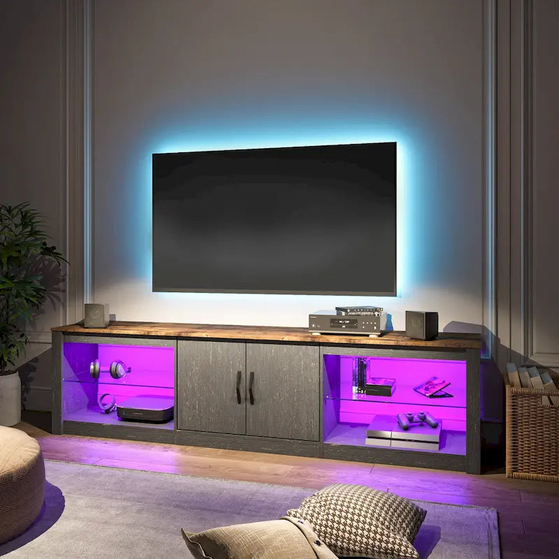 Mobile TV da 70" con LED RGB, per TV fino a 75", in Bianco Lavato / Nero Dorato / Grigio Lavato / Marrone Rustico / Noce / Pino, 1-Vano