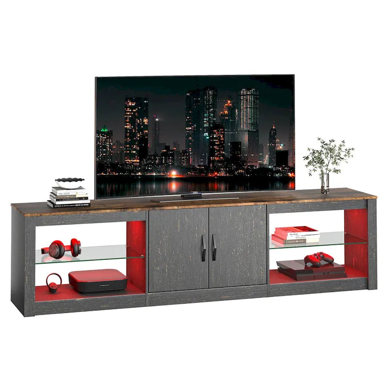 Mobile TV da 70" con LED RGB, per TV fino a 75", in Bianco Lavato / Nero Dorato / Grigio Lavato / Marrone Rustico / Noce / Pino, 1-Vano