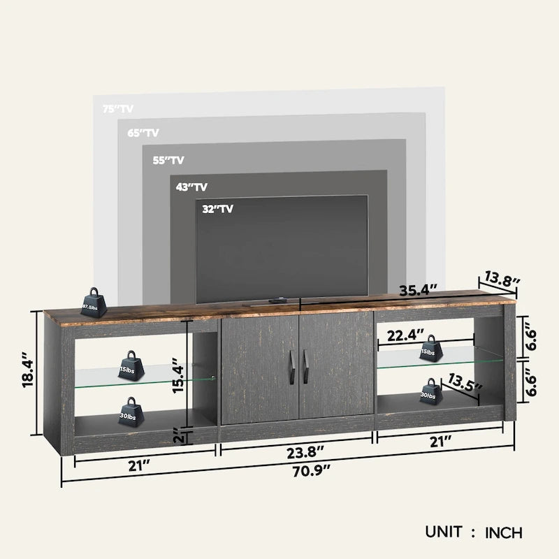 Mobile TV da 70" con LED RGB, per TV fino a 75", in Bianco Lavato / Nero Dorato / Grigio Lavato / Marrone Rustico / Noce / Pino, 1-Vano