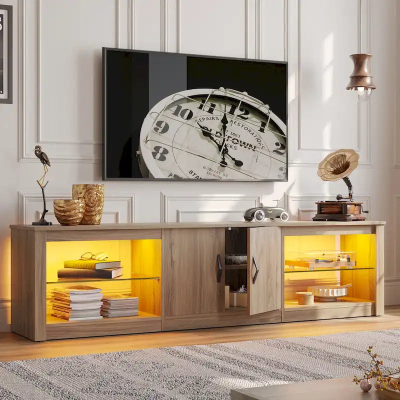 Mobile TV da 70" con LED RGB, per TV fino a 75", in Bianco Lavato / Nero Dorato / Grigio Lavato / Marrone Rustico / Noce / Pino, 1-Vano