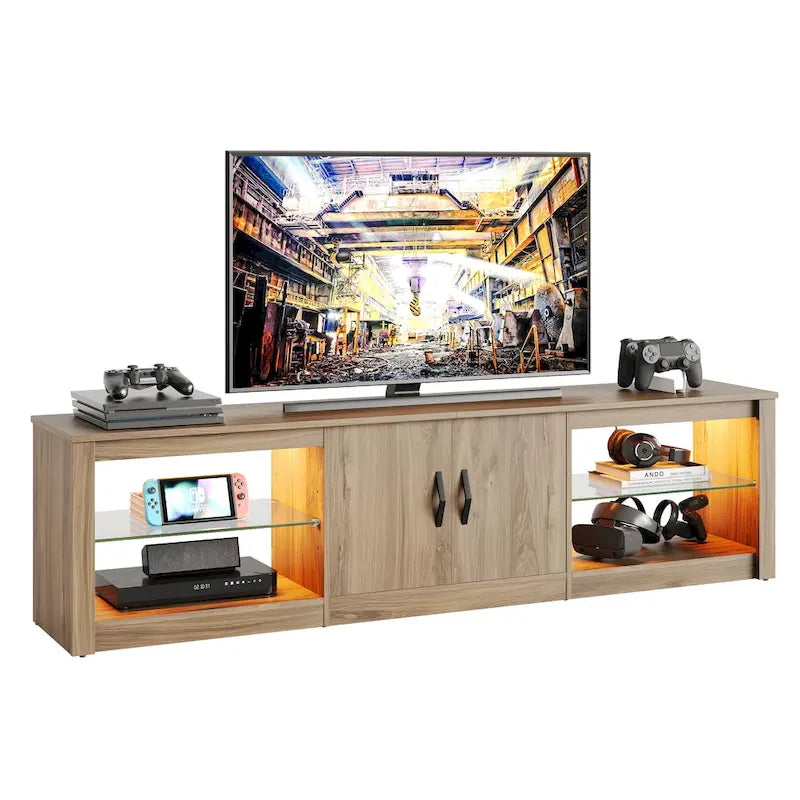 Mobile TV da 70" con LED RGB, per TV fino a 75", in Bianco Lavato / Nero Dorato / Grigio Lavato / Marrone Rustico / Noce / Pino, 1-Vano