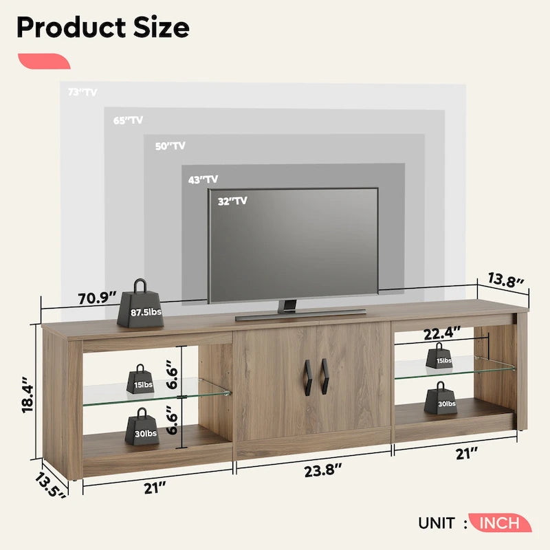 Mobile TV da 70" con LED RGB, per TV fino a 75", in Bianco Lavato / Nero Dorato / Grigio Lavato / Marrone Rustico / Noce / Pino, 1-Vano