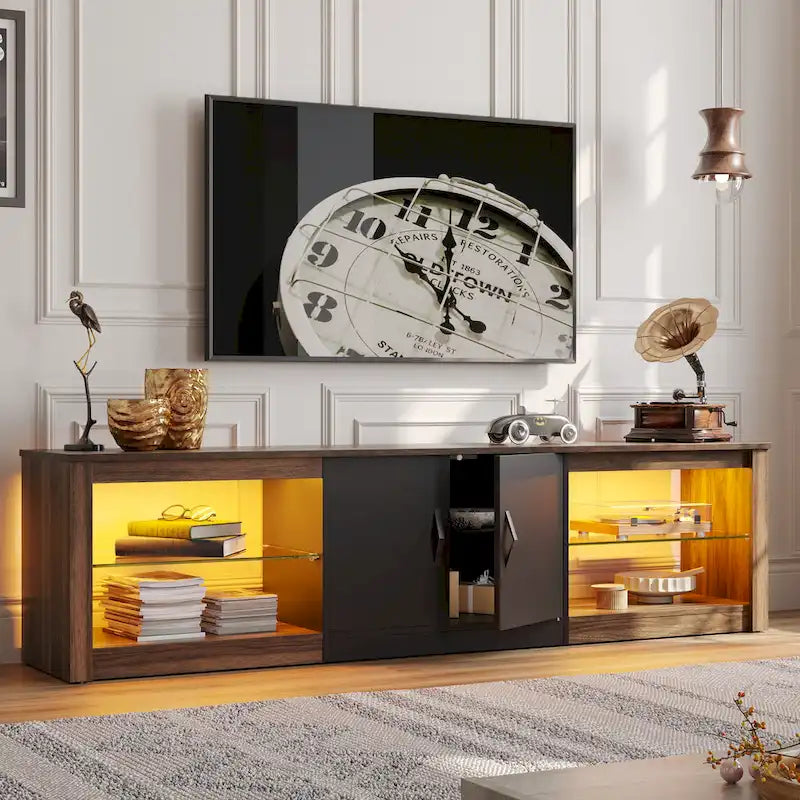 Mobile TV da 70" con LED RGB, per TV fino a 75", in Bianco Lavato / Nero Dorato / Grigio Lavato / Marrone Rustico / Noce / Pino, 1-Vano