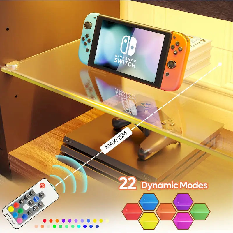 Mobile TV da 70" con LED RGB, per TV fino a 75", in Bianco Lavato / Nero Dorato / Grigio Lavato / Marrone Rustico / Noce / Pino, 1-Vano