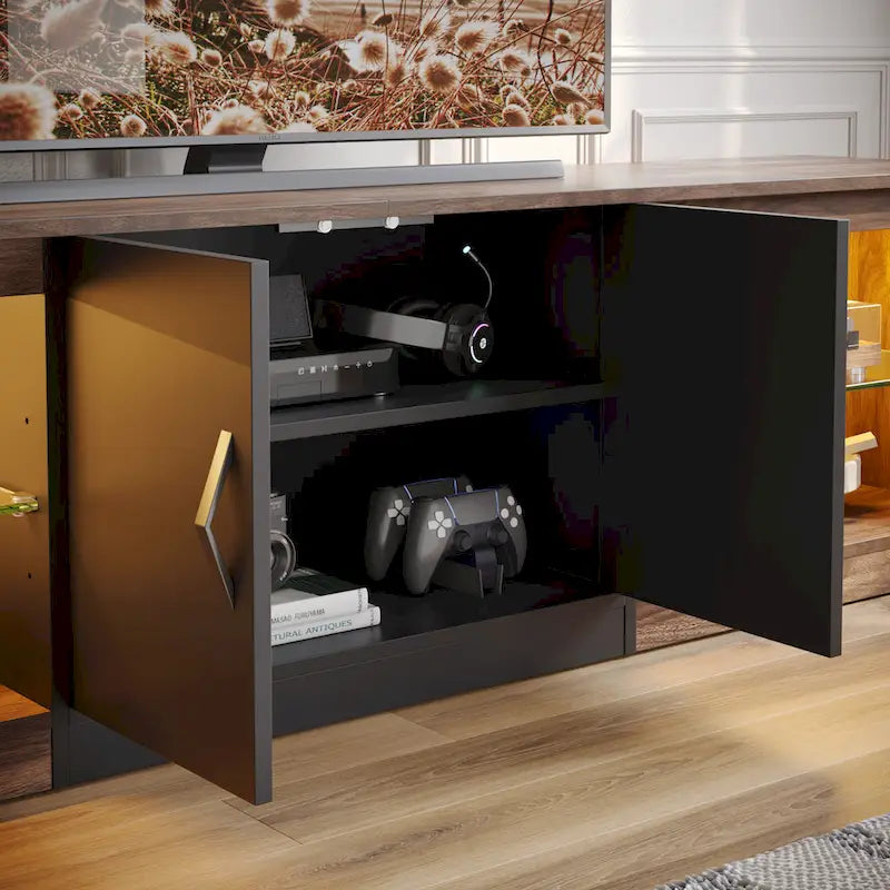 Mobile TV da 70" con LED RGB, per TV fino a 75", in Bianco Lavato / Nero Dorato / Grigio Lavato / Marrone Rustico / Noce / Pino, 1-Vano