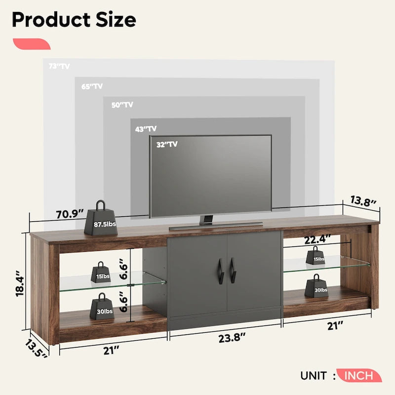 Mobile TV da 70" con LED RGB, per TV fino a 75", in Bianco Lavato / Nero Dorato / Grigio Lavato / Marrone Rustico / Noce / Pino, 1-Vano