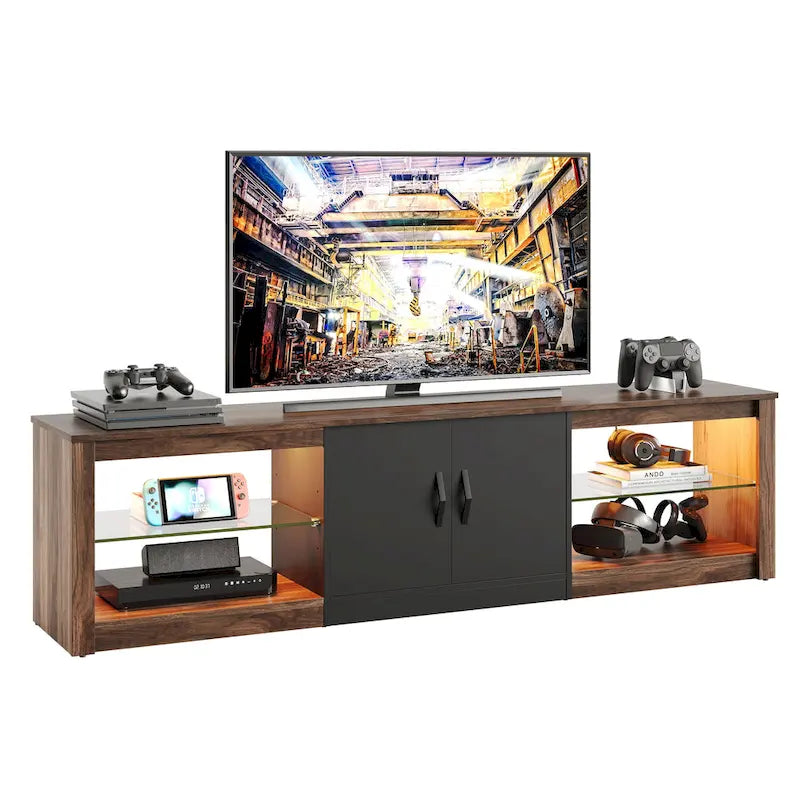 Mobile TV da 70" con LED RGB, per TV fino a 75", in Bianco Lavato / Nero Dorato / Grigio Lavato / Marrone Rustico / Noce / Pino, 1-Vano