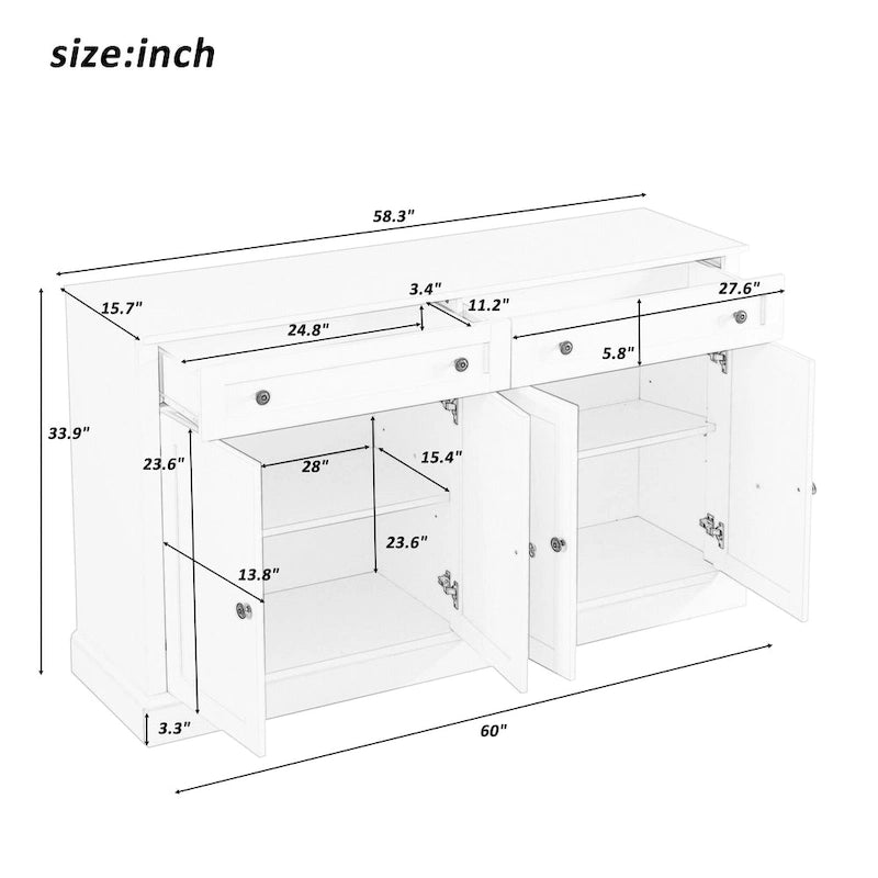 Credenza/Buffet Bianco Antico/Bianco da 60" con 2 Cassetti e 4 Ante