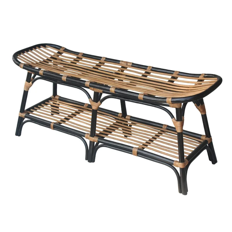 Panca in rattan nera/marrone/bianca con ripiano aperto, 1 posto
