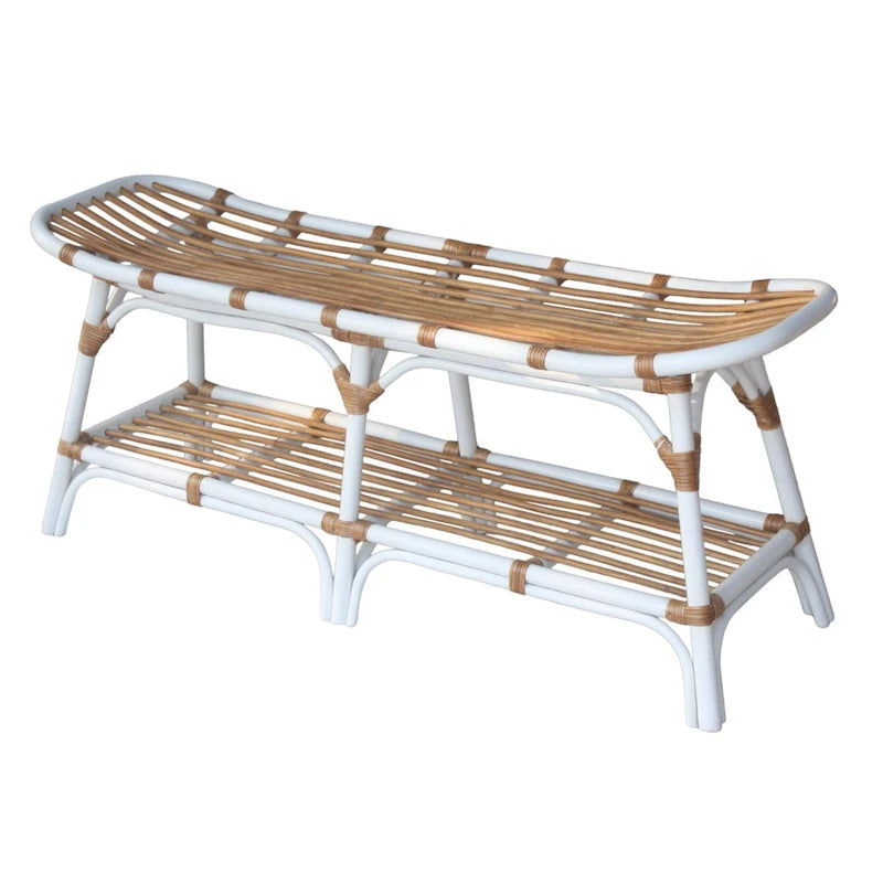 Panca in rattan nera/marrone/bianca con ripiano aperto, 1 posto