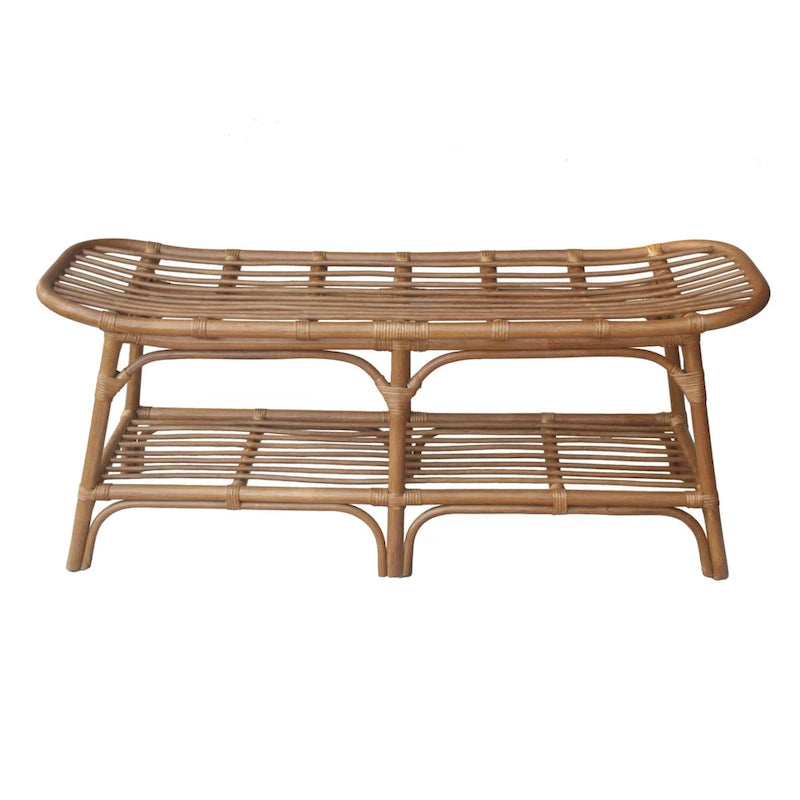 Panca in rattan nera/marrone/bianca con ripiano aperto, 1 posto