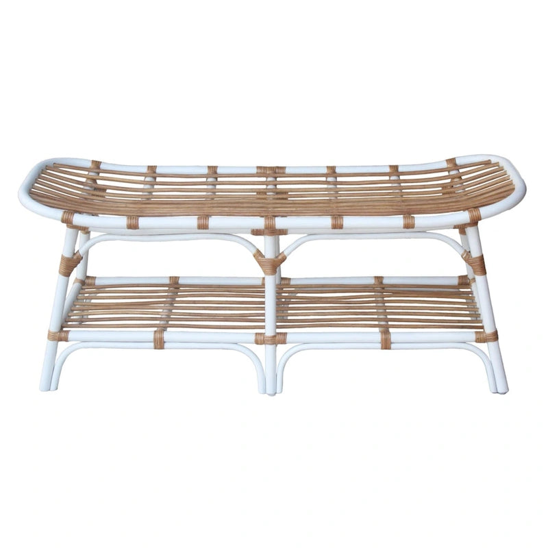 Panca in rattan nera/marrone/bianca con ripiano aperto, 1 posto