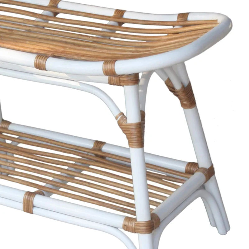 Panca in rattan nera/marrone/bianca con ripiano aperto, 1 posto