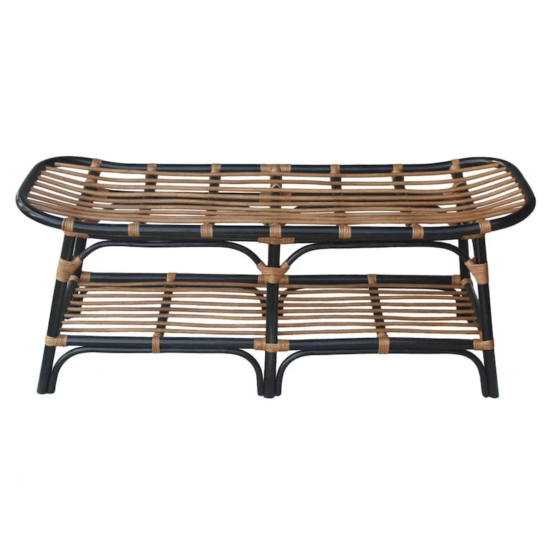 Panca in rattan nera/marrone/bianca con ripiano aperto, 1 posto