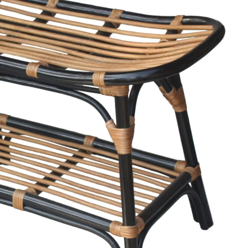 Panca in rattan nera/marrone/bianca con ripiano aperto, 1 posto