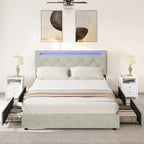 Letto a piattaforma imbottito grigio con luci LED e ricarica USB, Queen/King, 2 posti