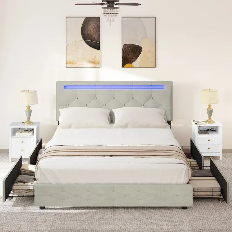Letto a piattaforma imbottito grigio con luci LED e ricarica USB, Queen/King, 2 posti