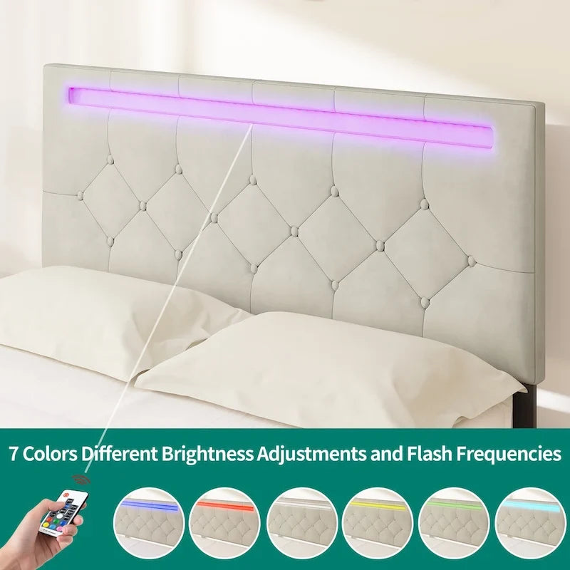 Letto a piattaforma imbottito grigio con luci LED e ricarica USB, Queen/King, 2 posti