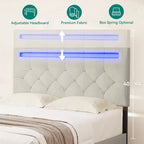 Letto a piattaforma imbottito grigio con luci LED e ricarica USB, Queen/King, 2 posti