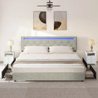 Letto a piattaforma imbottito grigio con luci LED e ricarica USB, Queen/King, 2 posti