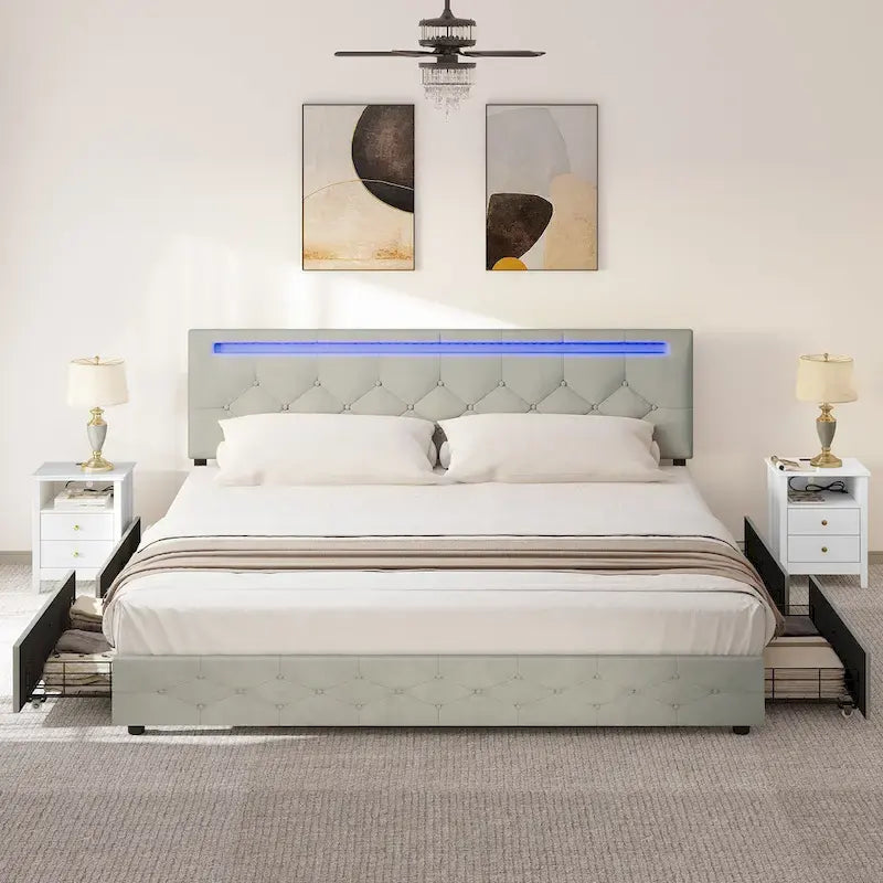 Letto a piattaforma imbottito grigio con luci LED e ricarica USB, Queen/King, 2 posti