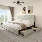 Letto a piattaforma imbottito grigio con luci LED e ricarica USB, Queen/King, 2 posti