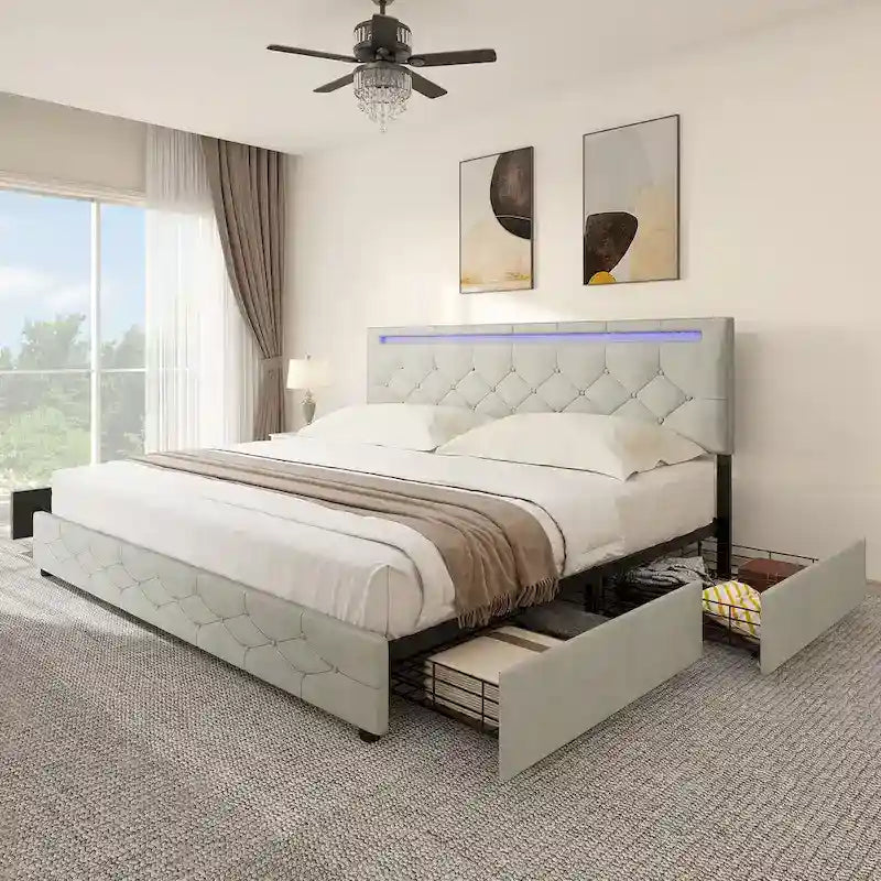 Letto a piattaforma imbottito grigio con luci LED e ricarica USB, Queen/King, 2 posti