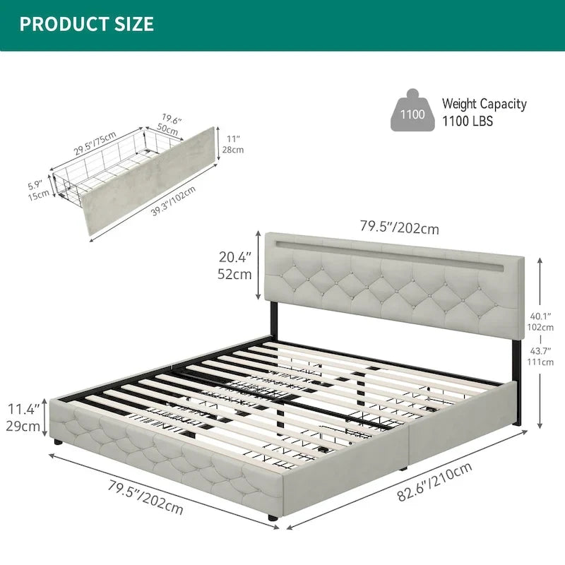 Letto a piattaforma imbottito grigio con luci LED e ricarica USB, Queen/King, 2 posti