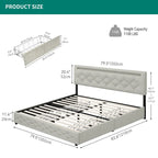 Letto a piattaforma imbottito grigio con luci LED e ricarica USB, Queen/King, 2 posti