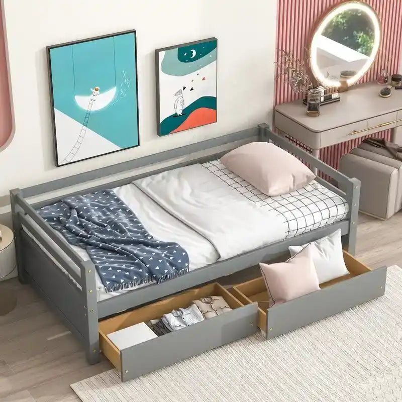 Grigio/Bianco, Stile Divano Letto, Letto Singolo in Legno Massello con 2 Cassetti Contenitore, 1 Persona