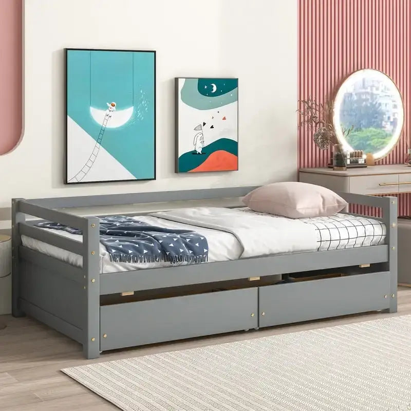 Grigio/Bianco, Stile Divano Letto, Letto Singolo in Legno Massello con 2 Cassetti Contenitore, 1 Persona