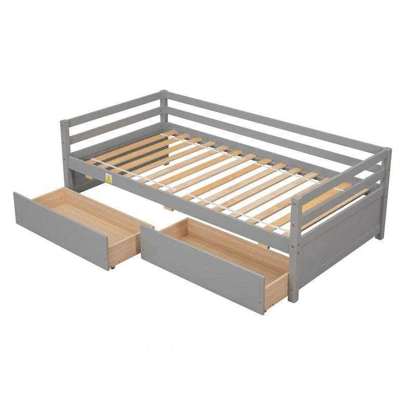 Grigio/Bianco, Stile Divano Letto, Letto Singolo in Legno Massello con 2 Cassetti Contenitore, 1 Persona