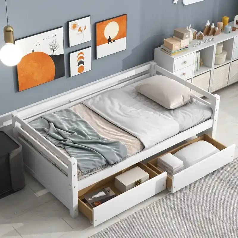 Grigio/Bianco, Stile Divano Letto, Letto Singolo in Legno Massello con 2 Cassetti Contenitore, 1 Persona