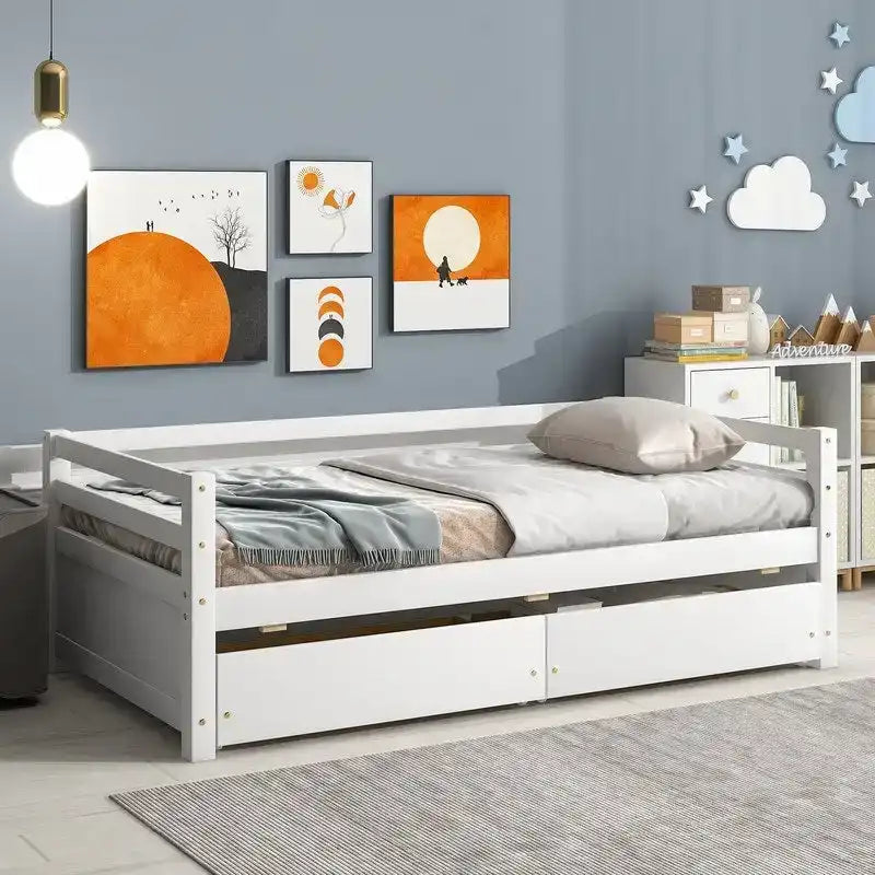 Grigio/Bianco, Stile Divano Letto, Letto Singolo in Legno Massello con 2 Cassetti Contenitore, 1 Persona