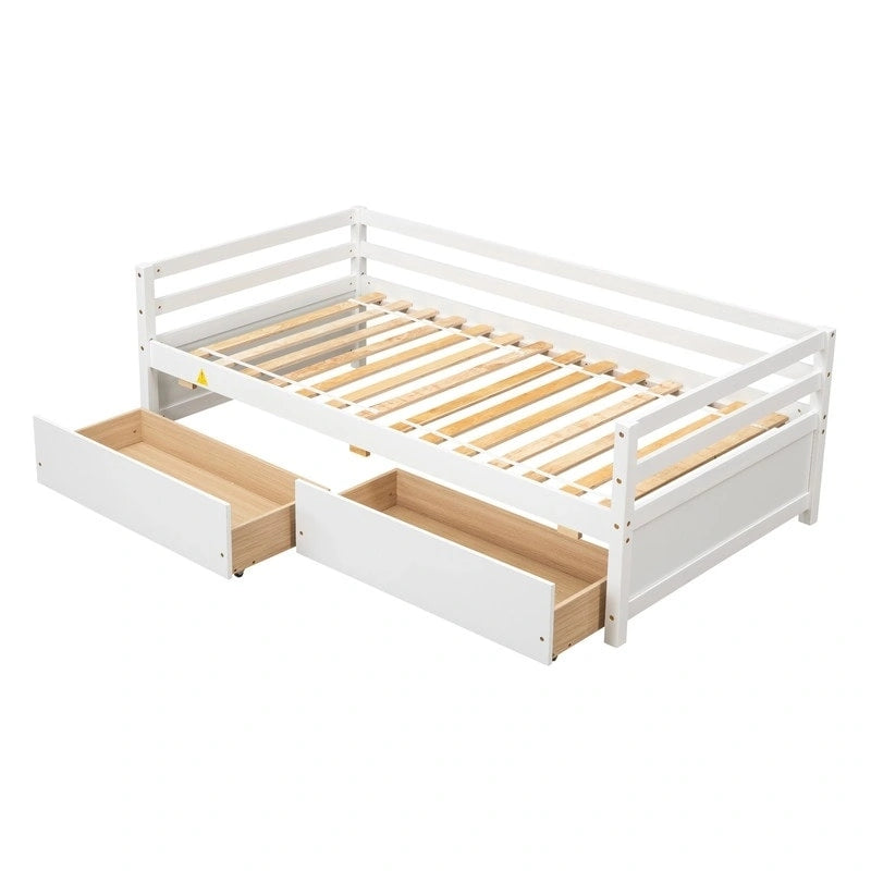 Grigio/Bianco, Stile Divano Letto, Letto Singolo in Legno Massello con 2 Cassetti Contenitore, 1 Persona
