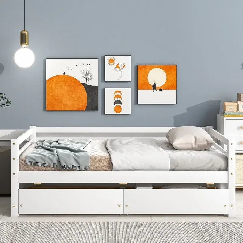 Grigio/Bianco, Stile Divano Letto, Letto Singolo in Legno Massello con 2 Cassetti Contenitore, 1 Persona