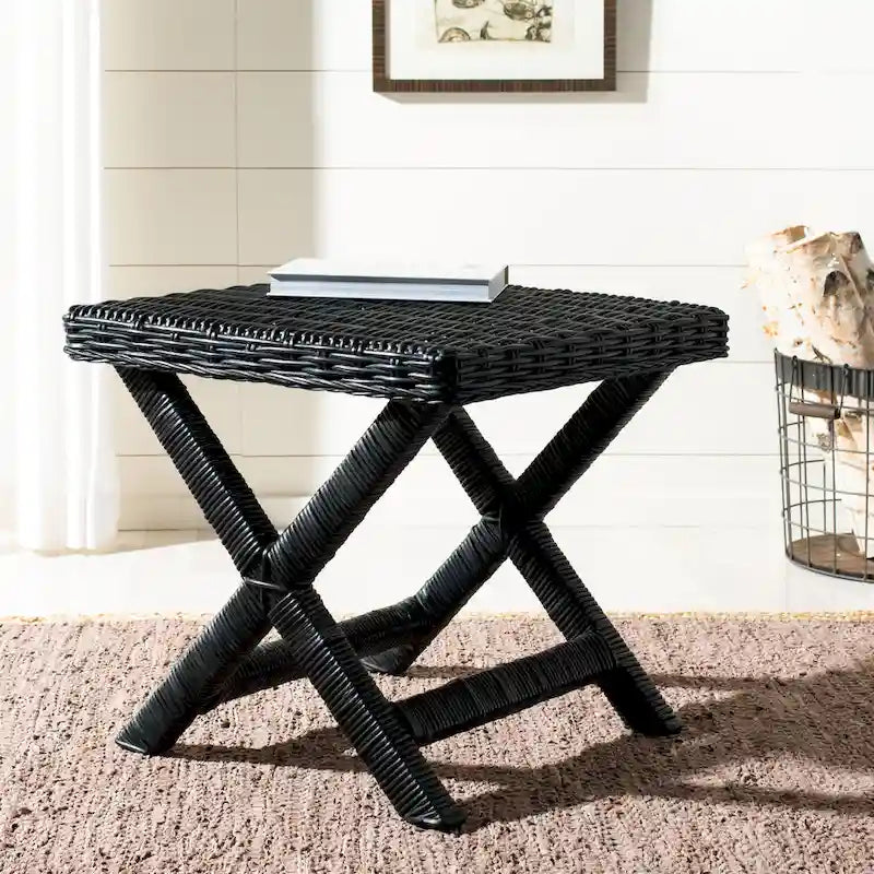 Panchina a X in Rattan Intrecciato, Naturale e Nero, 1 Posto, 2 Colori