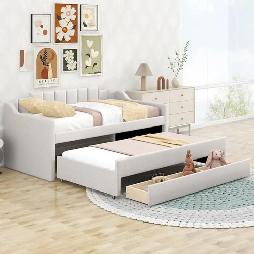 Letto a Giorno a Due Letti con Rotelle e 3 Cassetti, Stile Divano, 1 Posto, Colore Beige