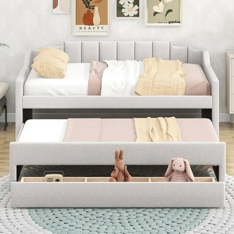 Letto a Giorno a Due Letti con Rotelle e 3 Cassetti, Stile Divano, 1 Posto, Colore Beige