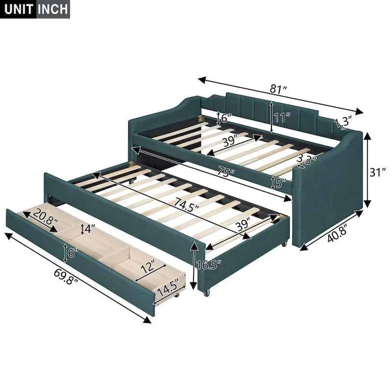 Letto a Giorno a Due Letti con Rotelle e 3 Cassetti, Stile Divano, 1 Posto, Colore Beige