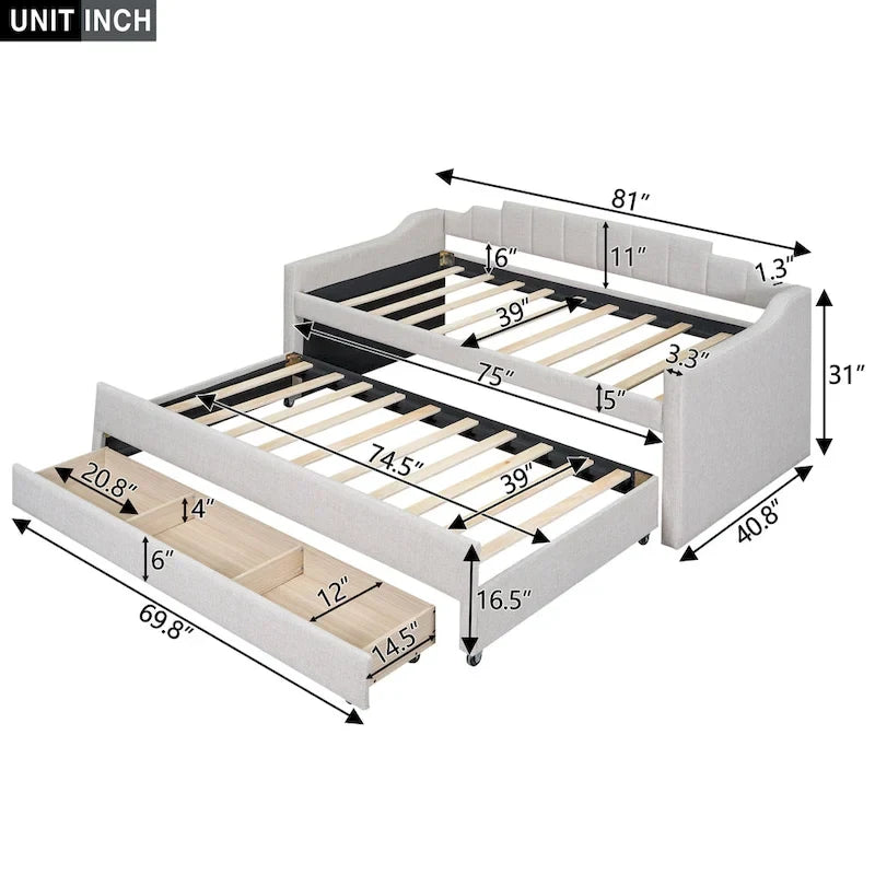 Letto a Giorno a Due Letti con Rotelle e 3 Cassetti, Stile Divano, 1 Posto, Colore Beige