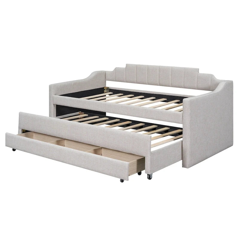Letto a Giorno a Due Letti con Rotelle e 3 Cassetti, Stile Divano, 1 Posto, Colore Beige