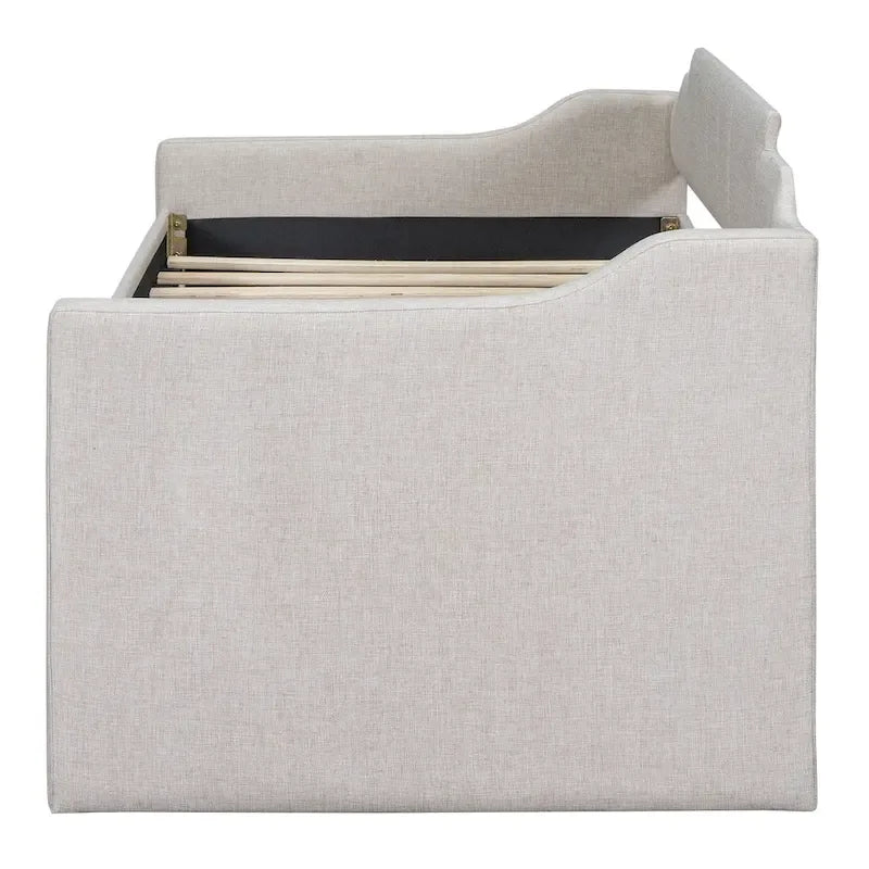 Letto a Giorno a Due Letti con Rotelle e 3 Cassetti, Stile Divano, 1 Posto, Colore Beige